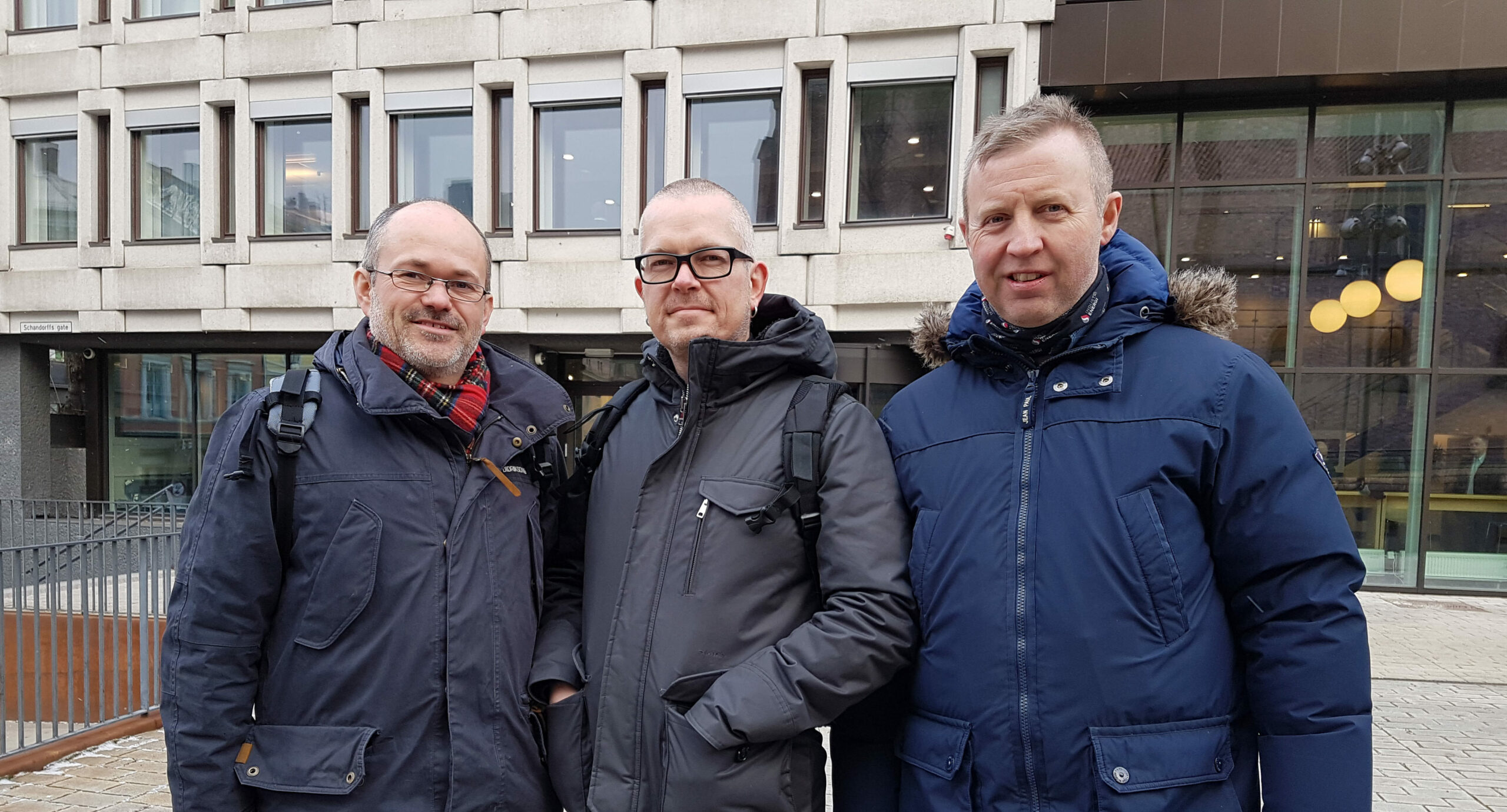 Alexander Lindboe (fv), Håkon Bjerkeli og Frode Alfheim deltok på møte om flerbruksfartøy i Arbeidsdepartementet.